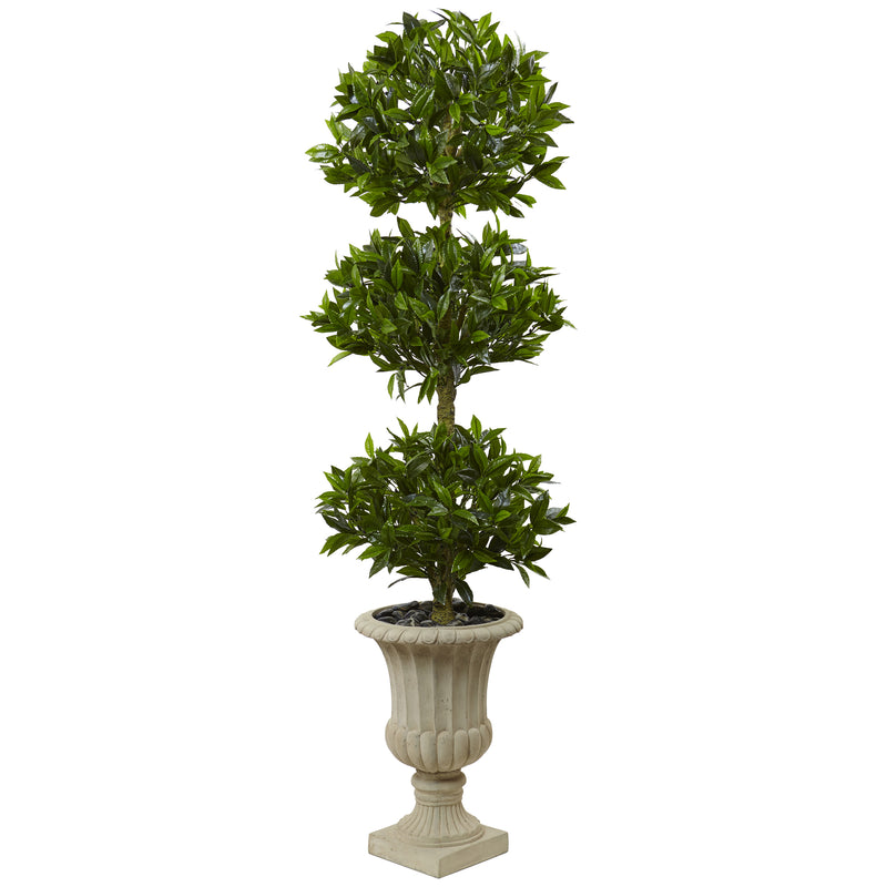 5.5" Triple Bay Leaf Topiary Artificial Tree in Urn UV Resistant (Indoor/Outdoor)