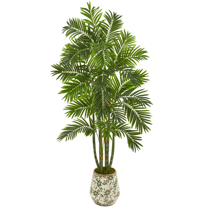 6" Areca Palm Artificial Tree in Vintage Green Floral Planter