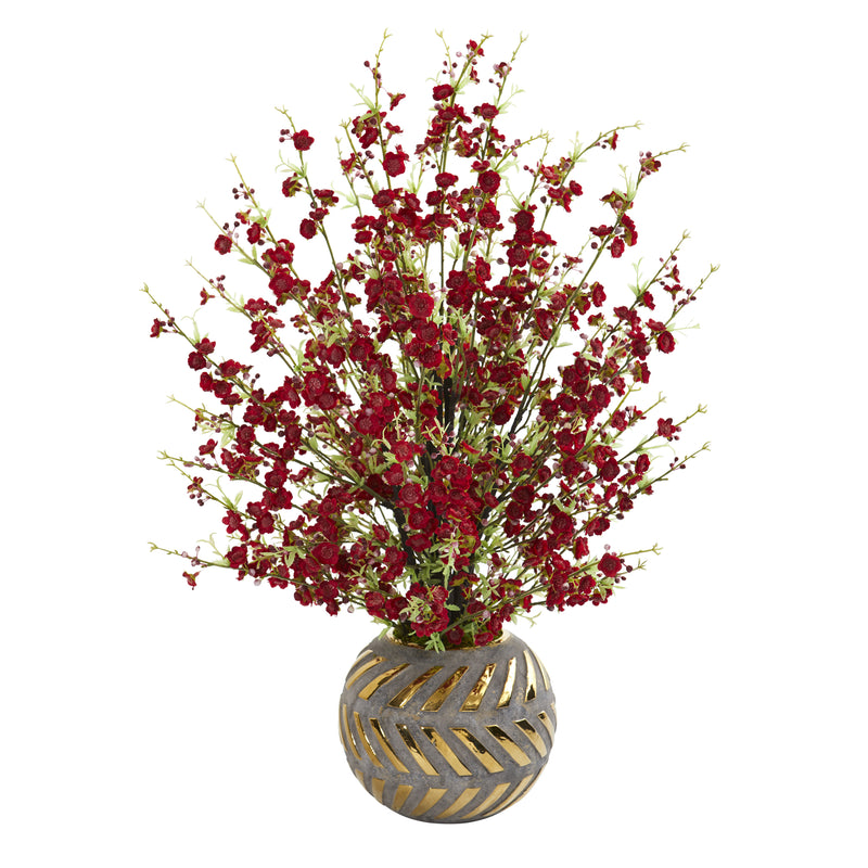 30" Cherry Blossom Artificial Arrangement in Stoneware Vase with Gold Trimming 