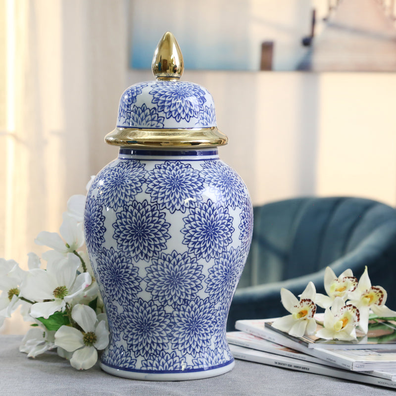 14.5" Temple Jar with Dahlia Flower, Blue & White