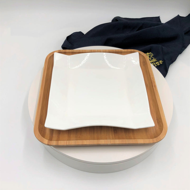 Square Bamboo and Porcelain Dinnerware, Set of 3