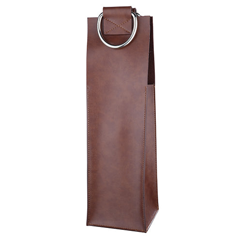 Brown Faux Leather Single-Bottle Wine Tote 